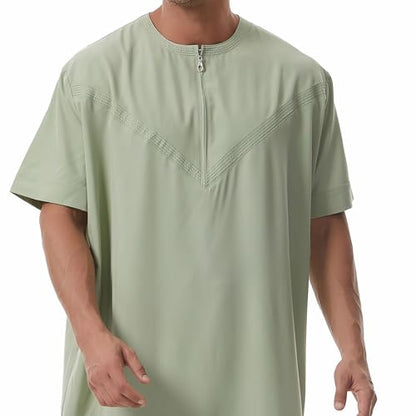 Muslim Men Abaya Short Sleeve Kaftan Islamic Arab Robe Men Dishdasha Zipper Robe Ethnic Clothes Dubai Travel Thobe - color: Green, size: Large