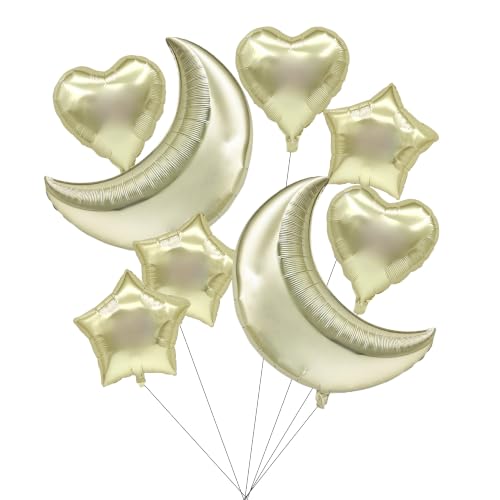 8PCS Star Moon Heart Foil Balloons Set, 2 Large 28In Crescent Moon Balloons, 3 Star & 3 Heart Mylar Balloons for Birthday Baby Shower Bridal Shower Wedding Engagement Party Decorations (White-golden) - color: White-golden