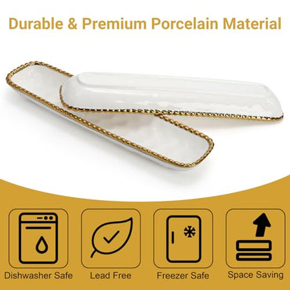 SOUJOY 2 Pack Porcelain Cracker Tray with Gold Pearl Edge, 14 Inch Rectangular Charcuterie Serving Platters, Dishwasher Safe Ceramic Cookie Plates for Cheese Ham Fruit, Perfect for Display Foods