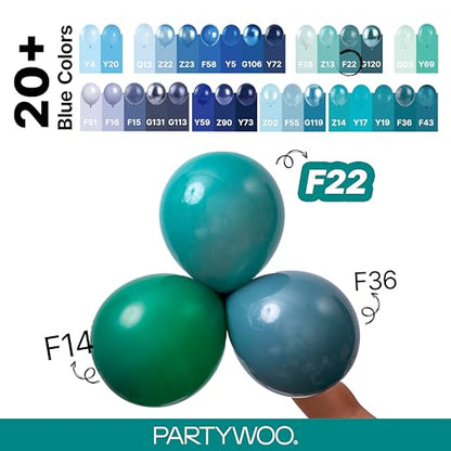 PartyWoo 슬레이트 블루 풍선 140피스 다양한 사이즈 팩 45.7cm(18인치), 30.5cm(12인치), 25.4cm(10인치), 12.7cm(5인치), 네이비 더스티 블루 보헤미안 뉴트럴 풍선 아치 키트, 베이비 샤워, 졸업식, 정글, 바다 생일 파티 장식, 블루-F22 - color: Blue-f22