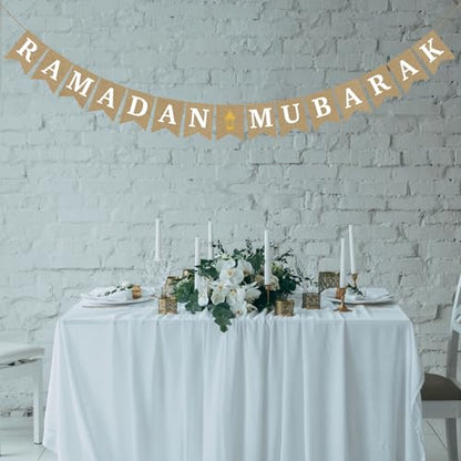 Burlap Ramadan Mubarak Banner - Rustic Ramadan Decorations, Eid Mubarak Party Decor, Muslim Fireplace Mantel Decoration Supplies