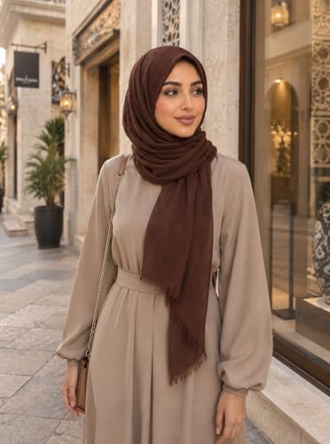 Cotton Linen Plain Hijab Scarf For Women,Muslim Viscose Crinkle Edge With Fringe,Summer Beach Wrap Headwraps Shawl - color: 20#coffee