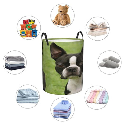 Boston Terrier Round Waterproof Oxford Cloth Laundry Basket Multi-Purpose Storage Basket Toys Books Clothes Storage Basket - color: Black 5