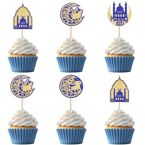 24 PCS Eid Mubarak Cake Toppers Set Gold Blue Ramadan Kareem Cupcake Toppers Crescent Moon & Mosque Islamic Cake Decorations for Muslim Festival Theme Eid al-Fitr Party Decorations Supplies - color: Style 9 Gold & Blue