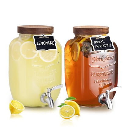 Mustry Glass Drink Dispenser for Parties, 1 Gallon Beverage Dispenser with Spigot Solid Stainless Steel, Used as Lemonade Dispenser Sun Tea Jar Kombucha Jar, Set of 2 - size: Double