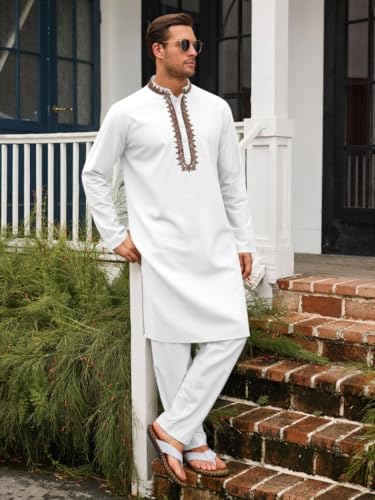 Runcati Mens Kaftan Thobe Cotton Henley Shirt Long Sleeve Embroidery Robe Casual Kurta Muslim Gown Shirt - color: White, size: Large