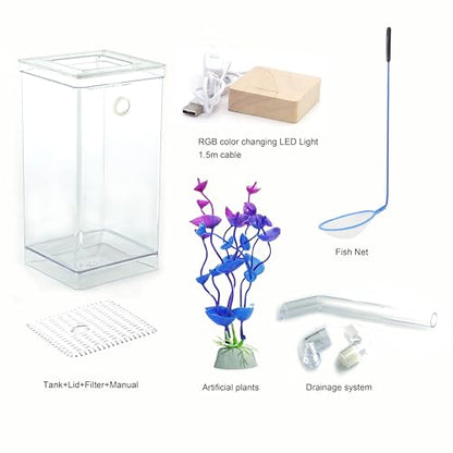 My 1st Fish Tank™ : Gen 2, Mini Fish Tank Aquarium Starter Kit 1 gal, Professional for Betta, Easny Maintain, Self Cleaning System-Only Add Water, Beautiful Color Changing LED Light, Color Box