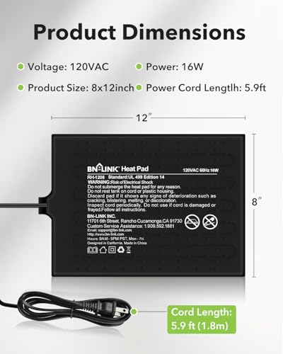 BN-LINK Reptile Heat Pad 8"X12" 16W for 30-40gal Under Tank Terrarium Heating Mat Waterproof for Turtle, Lizard, Frogs, Snake, Hermit Crab - size: 8" X 12"