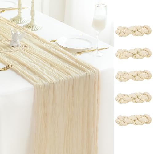Sioloc 5 Pack Beige Cheesecloth Table Runner 120'' x 35'',Spring Easter Decor Soft Gauze Boho Wedding Table Decor for 10ft Table Birthday Party,Baby Shower, Bridal Shower, Home & Event Decor - color: Beige, size: 5pc