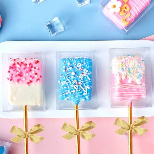 Jutieuo 45 PCS 3.5x2.4x1.38 Inches Clear Rice Krispie Treat Boxes with Hole Individual Cakesicle Boxes Transparent PET Plastic Candy Macaron Boxes Baby Shower Party Favors Box - color: 3.5x2.4x1.38 Inch