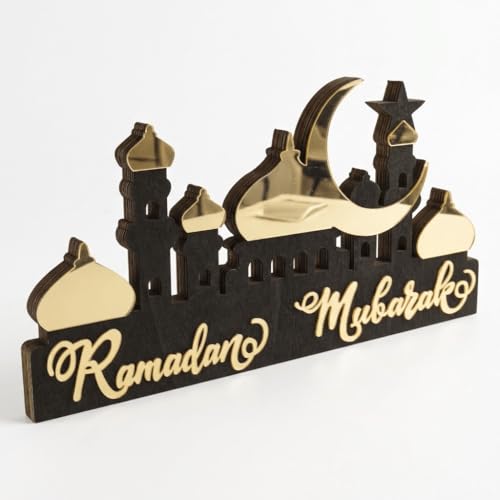 Wooden Acrylic Ramadan Decorations for Home 2026, Gold Black Ramadan Mubarak Eid Kareem Sign Stand, Wood Islamic Table Centerpiece Fireplace Office Desk Mosque Decor, Arabic Muslim Gifts