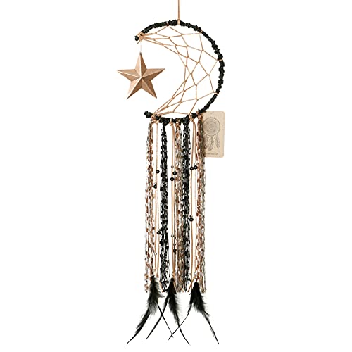 Dremisland Moon Dream Catcher Handmade Half Circle Moon Design Dream Catcher Feather Hanging with Star Home Decoration Ornament Festival Gift (Brown) - color: Brown