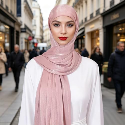 Premium Hijab Head Scarf for Women Lightweight Shimmer Hijab Head Wrap Scarves Crepe Satin Scarf Shawl Wrap - color: Pink