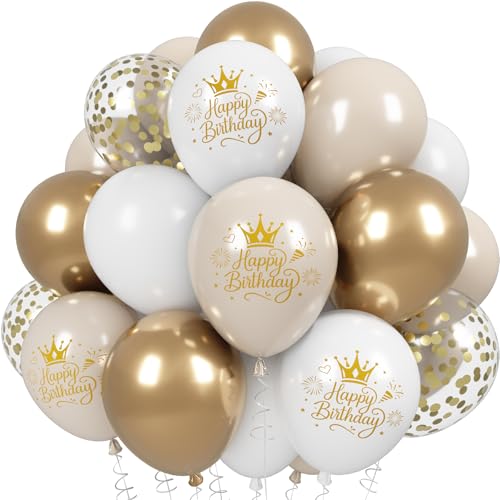 White and Gold Birthday Balloons for Women Girls, Sand White Cream Beige Printed Balloons with Metallic Light Gold Confetti Balloon for Girls Women Boho Neutral Birthday Party Decorations - color: White Gold Birthday
