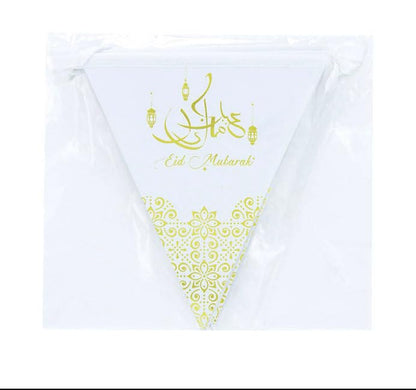 Eid Mubarak Party Disposable Tableware Set for Festive Celebrations, Parties, Muslim New Year - 8 Plates, 8 Cups, 20 Napkins, 1 Banner, 8 Desserts Plates (White)