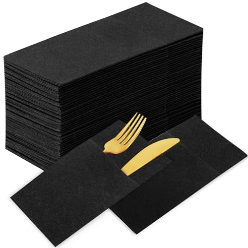 KAMMAK Black Napkins Disposable with Pocket Wedding Decorative Dinner Paper Napkins 100 Pack Linen Feel Prefolded Guest Hand Towels for Party Decoration, Cocktail Reception, Hotel (16.5 x 16.5 inch) - color: Black