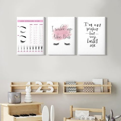 Makeup Wall Art Canvas Fashion Art Eyelash Pictures Eyelash Extension Guide Poster Beauty Salon Wall Art Pink Black and White Painting Lashes Picture for Bathroom Living Room 16x24inchx3 with Framed - color: Beauty Salon Wall Art Framed, size: 16"L x 24"W