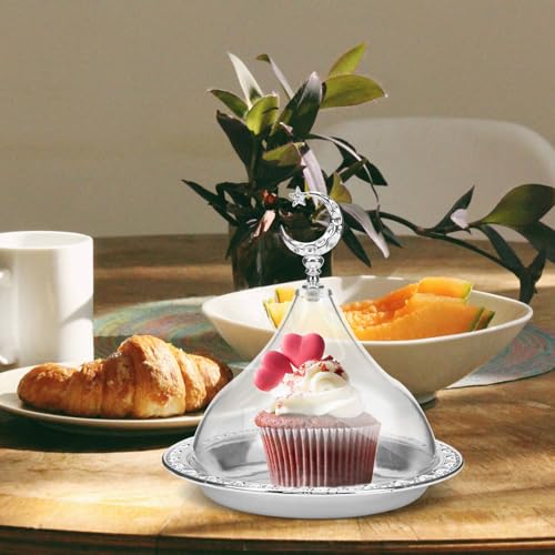 Kichvoe Electroplating Iron Food Serving Tray with Clear Lid 6.69 Inch Compact Snack Storage Plate for Desserts Cakes Fruits and Party Use