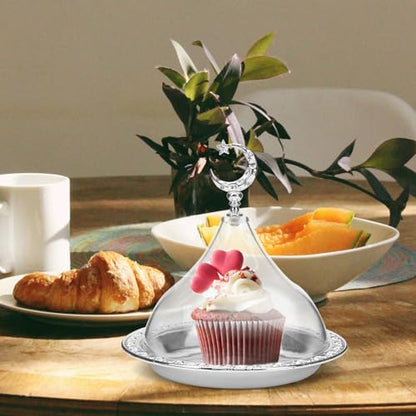 Kichvoe Electroplating Iron Food Serving Tray with Clear Lid 6.69 Inch Compact Snack Storage Plate for Desserts Cakes Fruits and Party Use