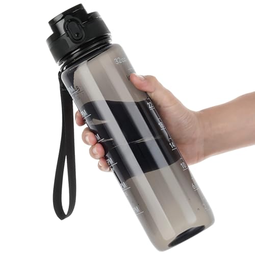 OLDLEY Water Bottle 32oz, Durable and Leakproof Water Bottles Motivational with Time Marker, Tritan, BPA Free, Wide Mouth, Gym, Travel, Home, School, Office, Clear Black - color: Black