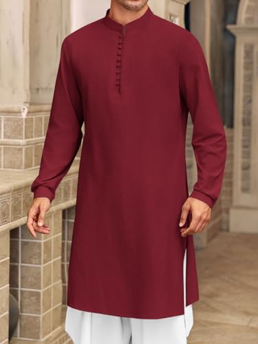 Runcati Mens Kaftan Thobe Button Down Henley Shirts Robe Long Sleeve Casual Cotton Linen Muslim Gown Shirt - color: Wine Red, size: X-Large