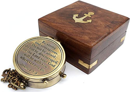 Be Strong and Courageous Engraved Brass Compass - Vintage Brass Compass with Engraved Verse Joshua 1:9 - Pocket Compass with Chain & Wooden Box | Christian Gift for Men, Father, Graduation, Baptism