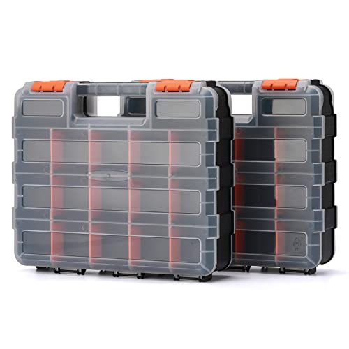 EMENTOL 2PCS Double Side Tool Organizer with Impact Resistant Polymer and Customizable Removable Plastic Dividers, Hardware Box Storage, Excellent for Screws, Nuts, 34-Compartment, Black/Orange