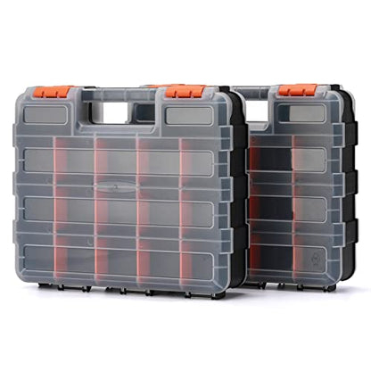 EMENTOL 2PCS Double Side Tool Organizer with Impact Resistant Polymer and Customizable Removable Plastic Dividers, Hardware Box Storage, Excellent for Screws, Nuts, 34-Compartment, Black/Orange