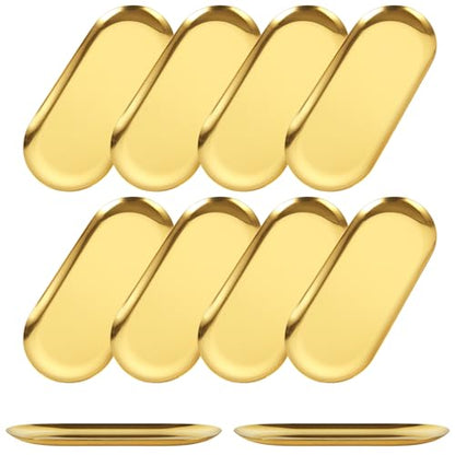 AKOLAFE 10PCS Stainless Steel Serving Tray Set Gold Platters for Serving Food Extra Small Metal Trays Decorative 7" Long Plate Oval Storage Trays Thickened Serving Dishes for Party Buffet Sushi Snack