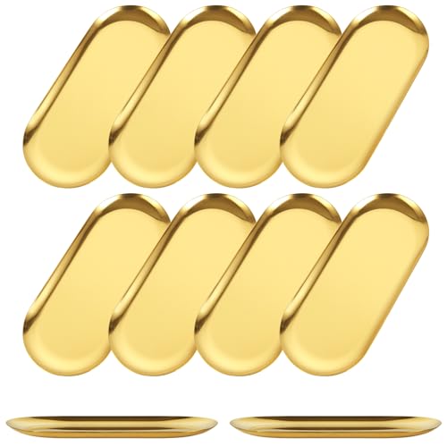 AKOLAFE 10PCS Stainless Steel Serving Tray Set Gold Platters for Serving Food Extra Small Metal Trays Decorative 7" Long Plate Oval Storage Trays Thickened Serving Dishes for Party Buffet Sushi Snack
