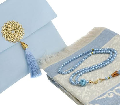 Prien Muslim Prayer Rug with Tasbih and Portable Bag, Muslim Gift for Women Men, Mubarak Islamic Box, Soft Mat Islam Gifts Set, Turkish Sajadah for Ramadan, Eid, Hajj, Travel, Pray (Blue) - color: Blue