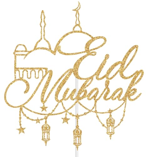 Eid Mubarak Cake Topper, Happy Eid Al-Fitr/Eid al-Adha Fastival Decorations, Islamic Muslim Tranditional Festival Party Decoration Supplies, Hajj Mubarak Decor Gold Glitter