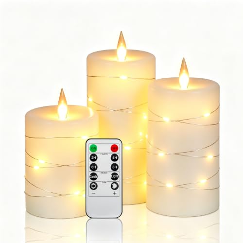 Da by 3 Pack Ivory Real Wax Flameless Taper Candles, Lifelike Flickering LED Flame Candles with Surrounding Copper String Lights, Soft Warm Battery Candles with Remote for Home Wedding Holiday Decor - color: Outdoor plastic candles