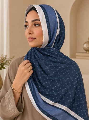 Satin Hijab Scarf for Women, Silk-Feeling Muslim Headscarf, Digital Bow Letter Print Head Wrap Shawl for Summer - color: Mlp004-navyblue