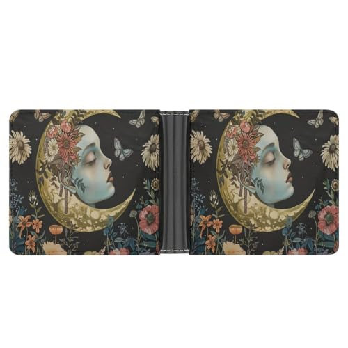 Moon And Floral Face Bifold Wallet 4.6x3.7 Inch,Slim Compact Folding Wallet with Card Slots And Cash Pocket Lightweight Wallet for Everyday Carry Travel Business - color: Moon and Floral Face-1