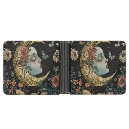 Moon And Floral Face Bifold Wallet 4.6x3.7 Inch,Slim Compact Folding Wallet with Card Slots And Cash Pocket Lightweight Wallet for Everyday Carry Travel Business - color: Moon and Floral Face-1