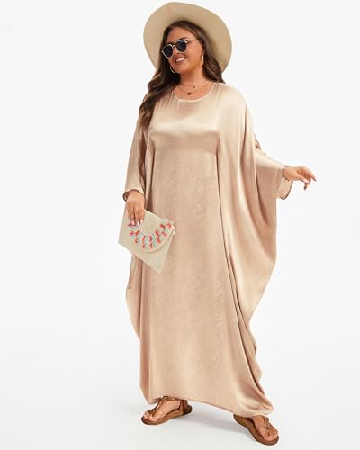 Bsubseach Women Plus Size Kaftan Dresses Moo Moos for Women Swimsuit Cover Up Swimwear Batwing Satin Caftan Beach Dress - color: Champagne
