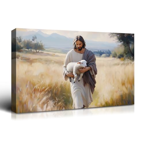 Wewejia Jesus and Lamb Canvas Wall Art 16x12 inch, Jesus Saves the Lamb Pictures Large Religious Faith Paintings Wall Art Prints Christianity Poster Bible Mural Living Room Bedroom Church Wall Decor - color: WWJYSS135, size: 16"L x 12"W
