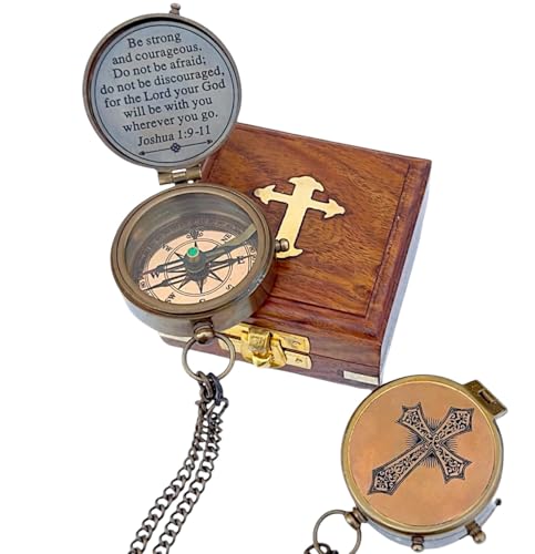 Engraved Personalized Inscription Antique Brass Compass Engraved with Leather Case Son Mom Children Gift Baptism Birthday Easter Decor - style: Josua 1:9 -11 Engraved with Holy CROSS