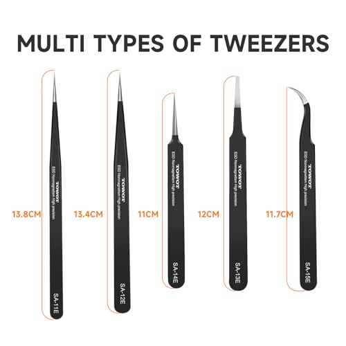 TOWOT Precision Tweezers, Anti-static Stainless Steel Pointed Tweezers for Electronics, Crafts, Soldering, Welding, Experimental Work, and Jewelry Making Industrial Tweezers - style: Super Fine Tip Straight(110mm)