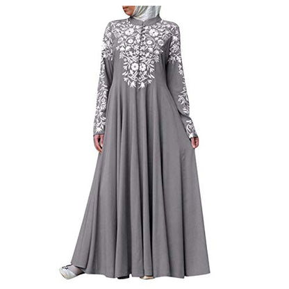 Islamic Fashion Dresses Middle Eastern Ethnic Kaftan Button Print Muslim Long Dress Dubai Turkey Arab Jilbab Dress - color: Grey, size: X-Large