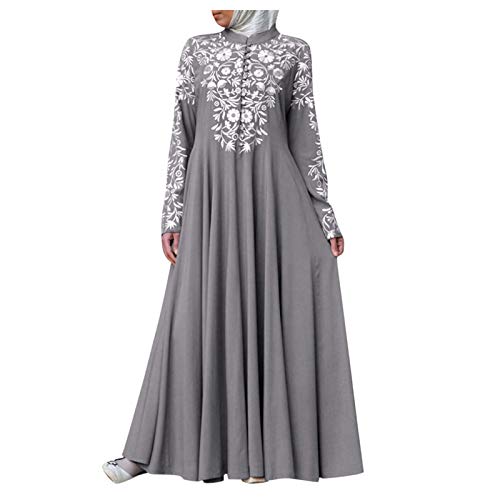 Islamic Fashion Dresses Middle Eastern Ethnic Kaftan Button Print Muslim Long Dress Dubai Turkey Arab Jilbab Dress - color: Grey, size: 4X-Large