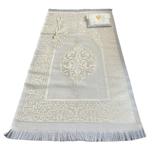 Muslim Prayer Rug and Beads with Elegant Slub Fabric Bag | Janamaz | Sajadah | Soft Islamic Prayer Rug | Islamic & Mawlid Gifts | Prayer Carpet Mat, Taffeta Fabric (White, 8 Sets) - color: White, size: 8 Sets