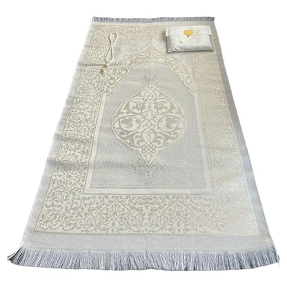 Muslim Prayer Rug and Beads with Elegant Slub Fabric Bag | Janamaz | Sajadah | Soft Islamic Prayer Rug | Islamic & Mawlid Gifts | Prayer Carpet Mat, Taffeta Fabric (White, 8 Sets) - color: White, size: 8 Sets