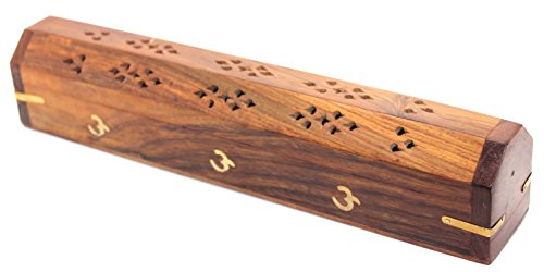 Govinda - Wooden Coffin Incense Burner - 12" OM - Brass Inlays - Storage Compartment - style: Traditional