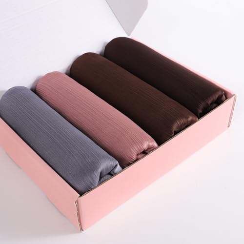 Febfim 4PCS Muslim Women Natural Wrinkle Long Satin Crepe Hijab Set Scarves Smooth Crinkle Ladies Shawl Wrap Set - color: Color 5