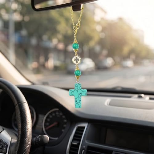 Cross Crystal for Rear View Mirror, Car Mirror Hanging Accessories, Cute Car Charm, Car Decoration Cross Ornament Christian Gift for Women, Car Decor Drive Safe Gift for Drivers (1, Dark Turquoise) - color: Dark Turquoise