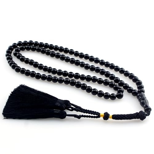 Muslims Islamic Dhikr Tasbeeh Tasbih Prayer Beads, Black agate 99 Stone Beads with Tassel