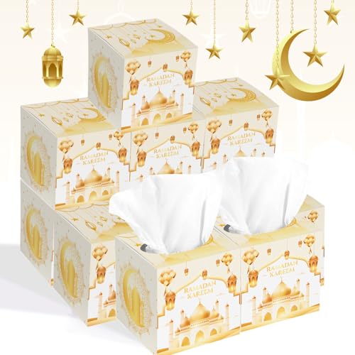 12 Pcs Ramadan Facial Tissues Cube Boxes - DIY Square Tissue Box Covers with 50 Sheets 3 Ply Napkins Crescent Moon, Star, Lantern Patterns for Ramadan Kareem Decorations, Islamic Holiday Celebrations