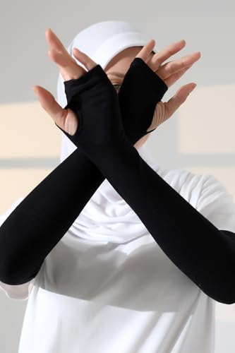 ihvan online, Hijab Sleeves for Women, Muslim Arm Sleeve for Prayer, Women's Soft Stretchy Modest Sleeves to Cover Arms - color: Black-model 2